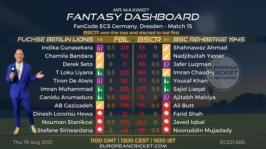 FANTASY Dashboard - Match 15 - FanCode ECS Germany Dresden - T10 CRICKET Live