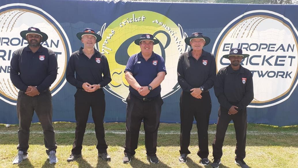Appealing panel of umpires at European Cricket Series Cyprus