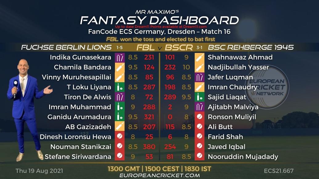 FANTASY Dashboard - Match 16 - FanCode ECS Germany Dresden - T10 CRICKET Live