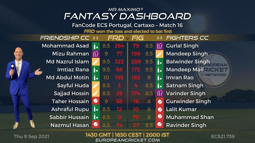 FANTASY Dashboard - Match 16 - FanCode ECS Portugal Cartaxo - T10 CRICKET LIVE