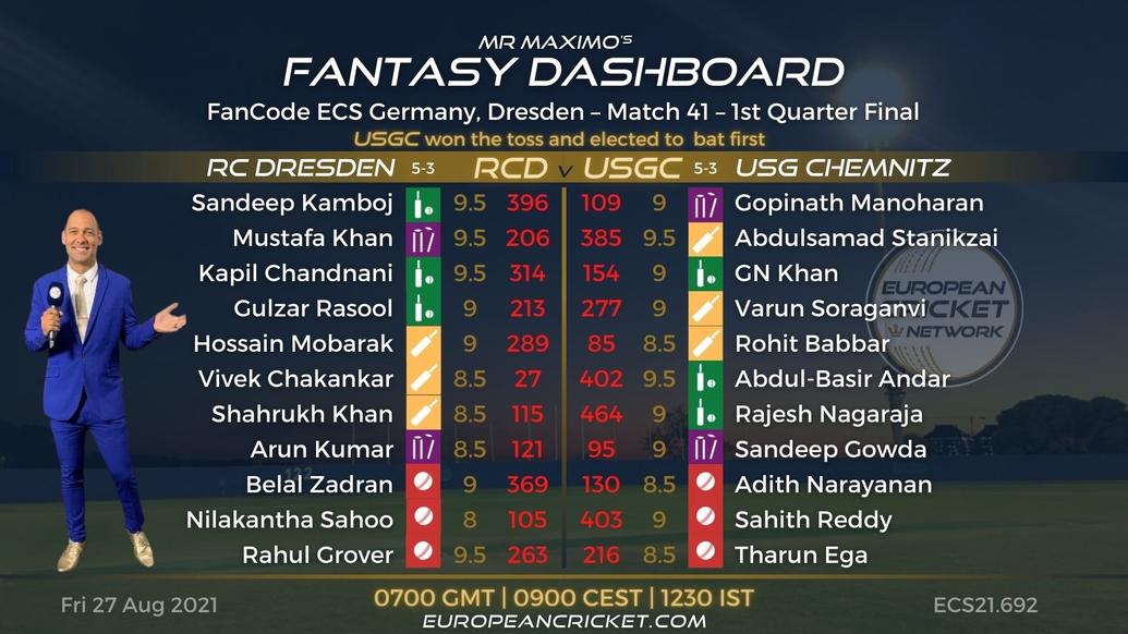 FANTASY Dashboard - 1st Quarter Final - Match 41 - FanCode ECS Germany Dresden - T10 CRICKET LIVE