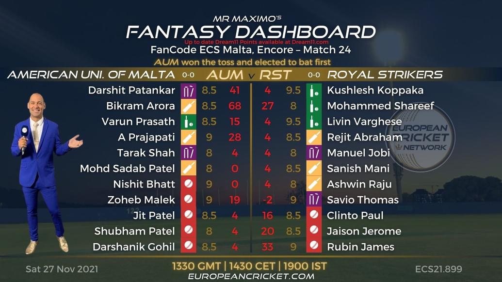 FANTASY Dashboard - Match 24 - FanCode ECS Malta Encore - T10 CRICKET LIVE